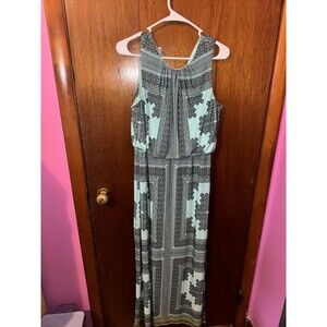 London Times Women Blue Floral Peasant Maxi Dress Size 8 Boho Paisley